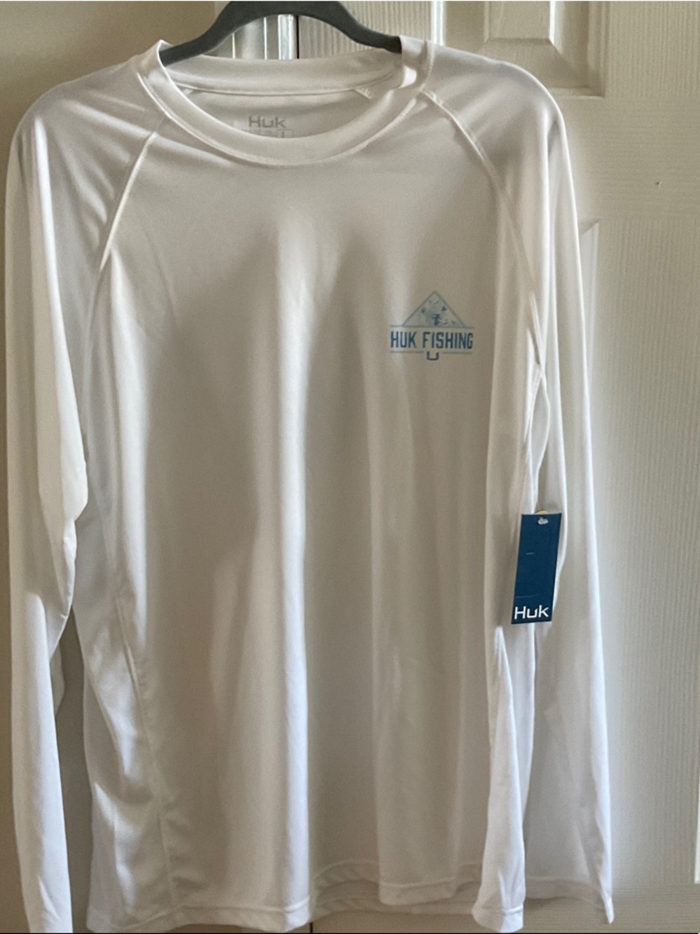 Huk White Long Sleeve Performance Fishing Shirt with Light Blue Logo, L
